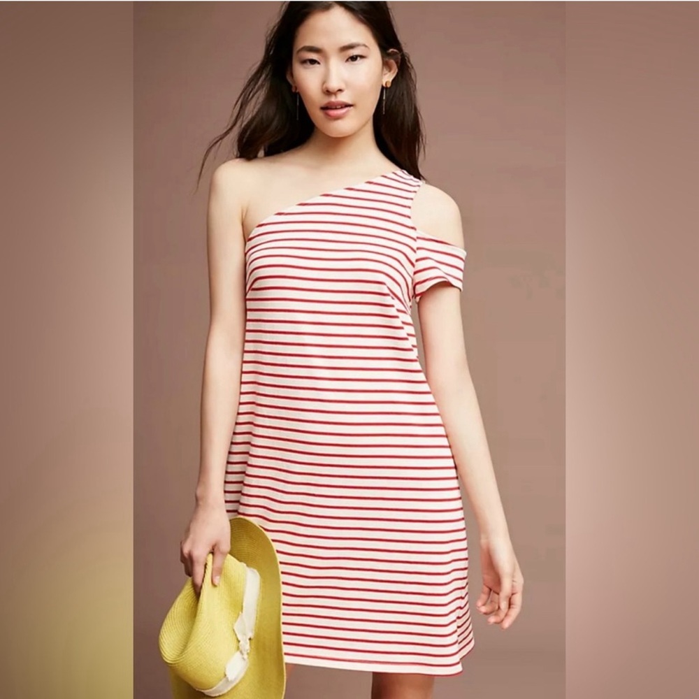 Anthropologie - Red Striped One Shoulder Dress